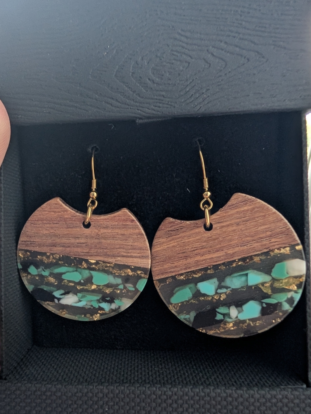 Handcrafted Wood and Turquoise Inlay Drop Earrings - Gold Hooks